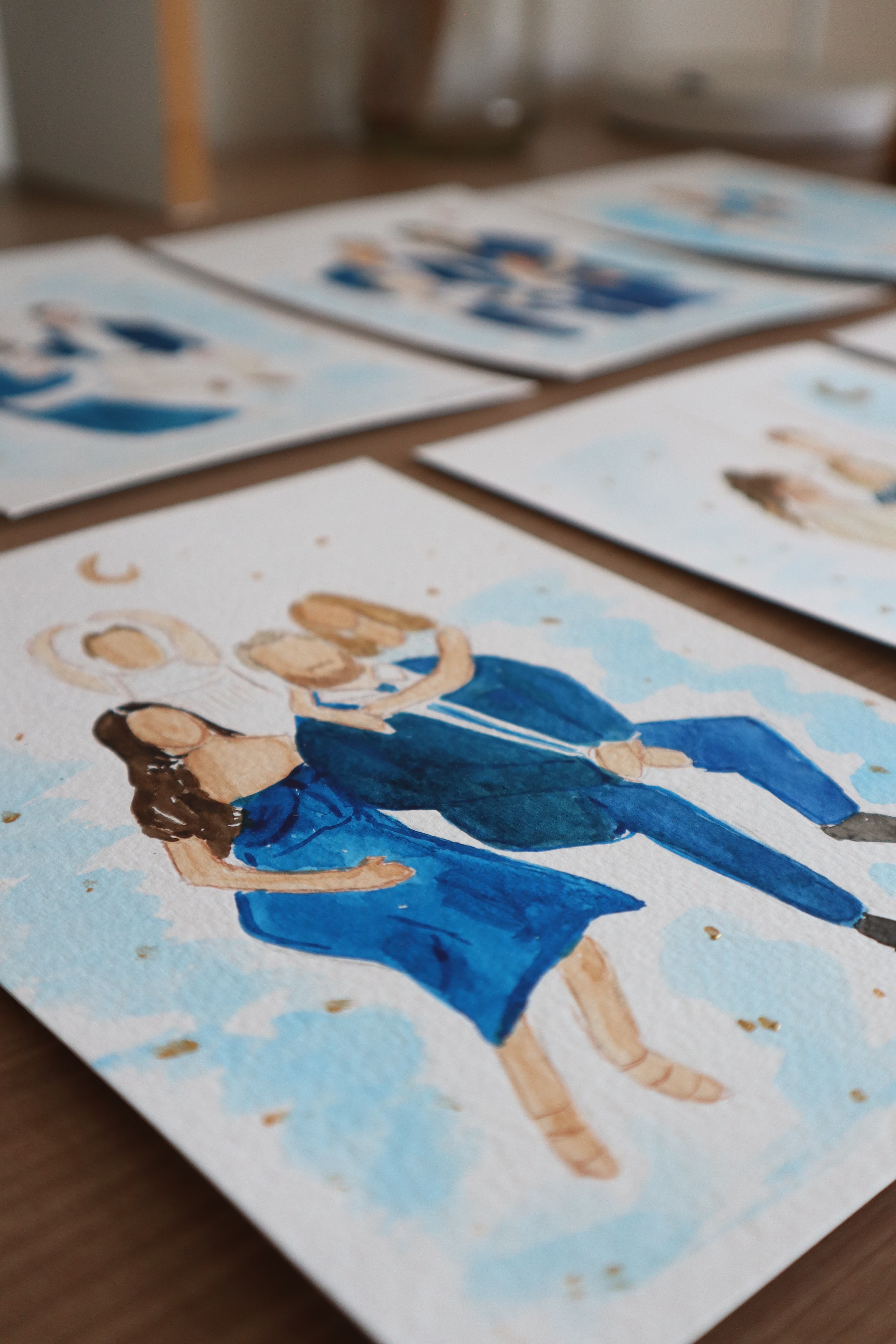 Aquarela pintada retratando uma família