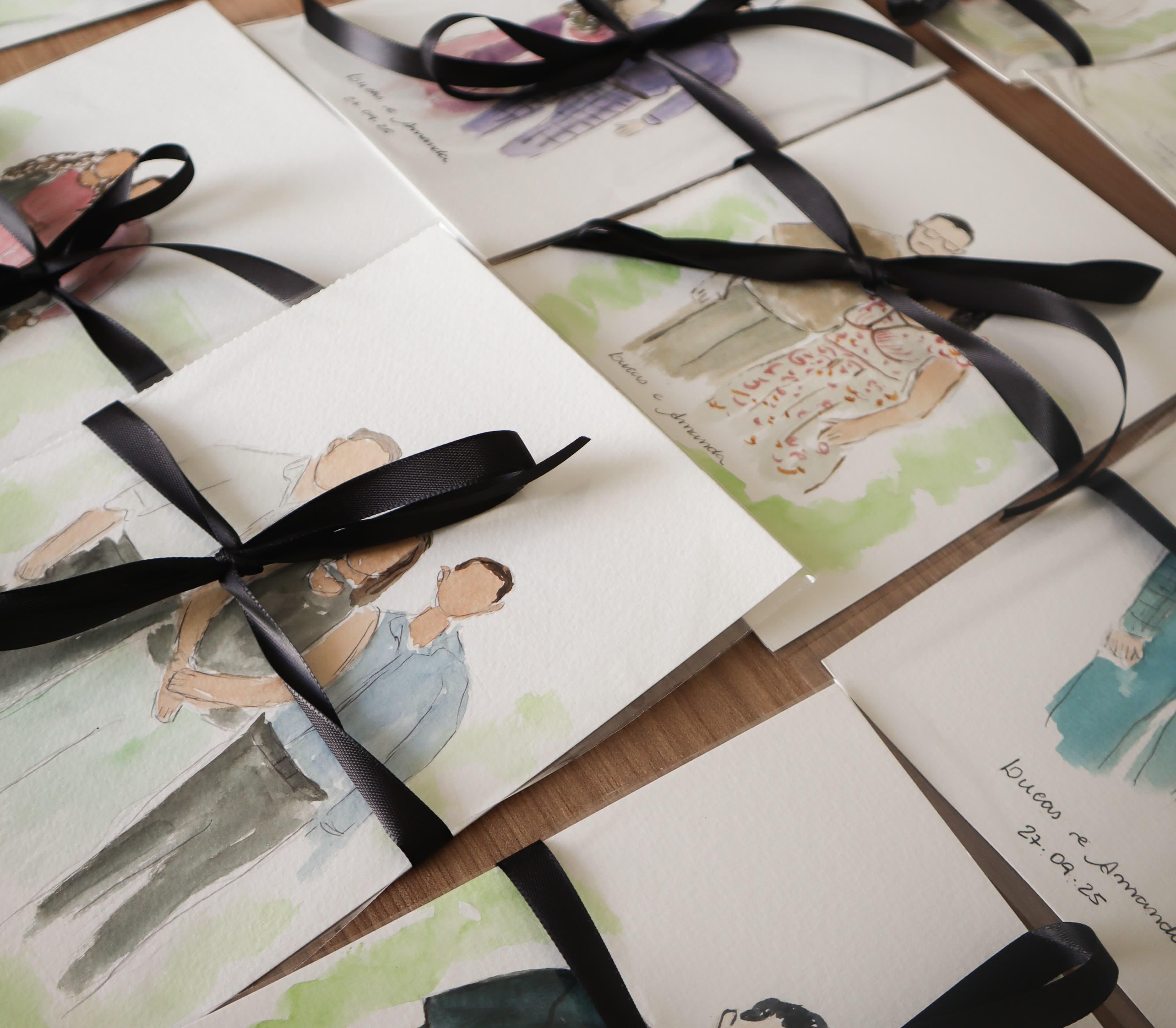 Aquarelas prontas para serem entregues no casamento