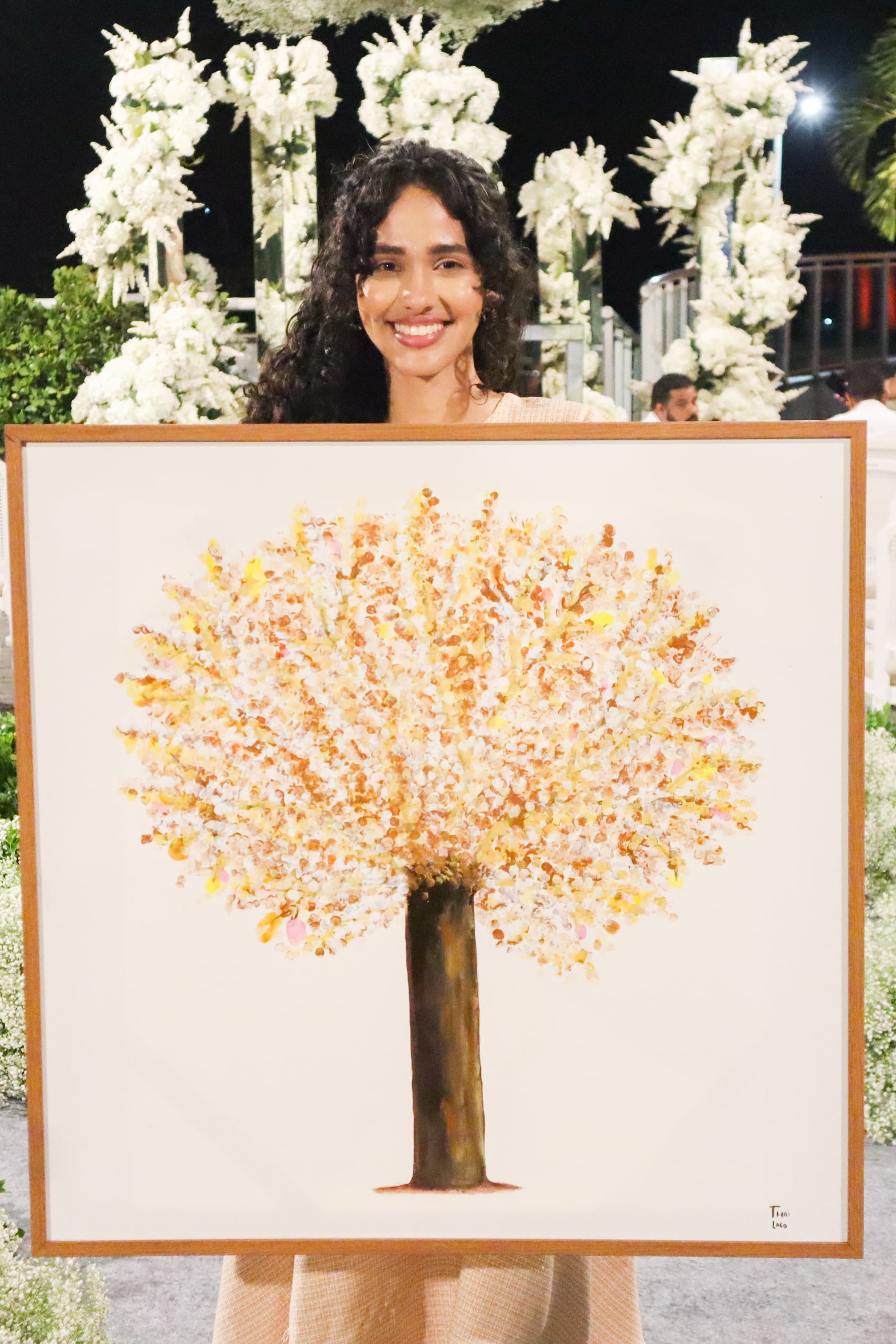 Árvore de digitais em aquarela para convidados assinarem no casamento